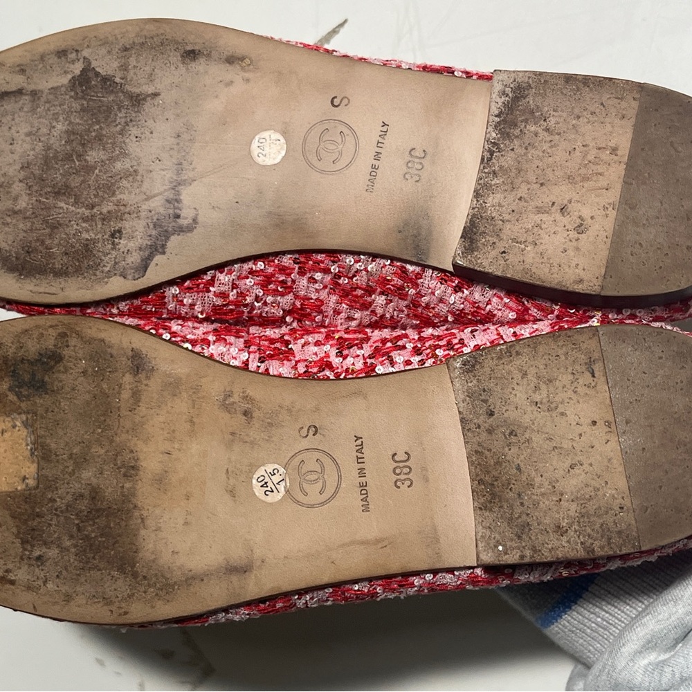 CHANEL Red Tweed & White Leather CC Bow Ballet Flats - Picture 6 of 13